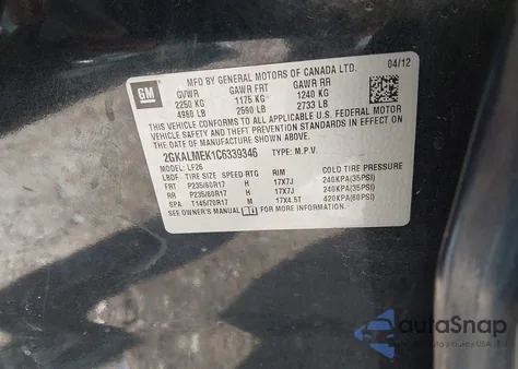 2012 GMC Terrain Sle-1 из США, поврежденный, VIN 2GKALMEK1C6339346